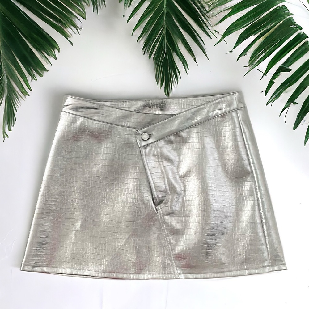 Torn By Ronny Kobo Silver Metallic Donnie Skirt Asymmetrical Waist M Spacecore